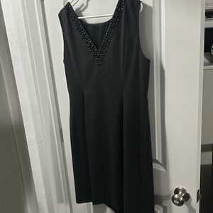 Hi neck low back beaded black dress